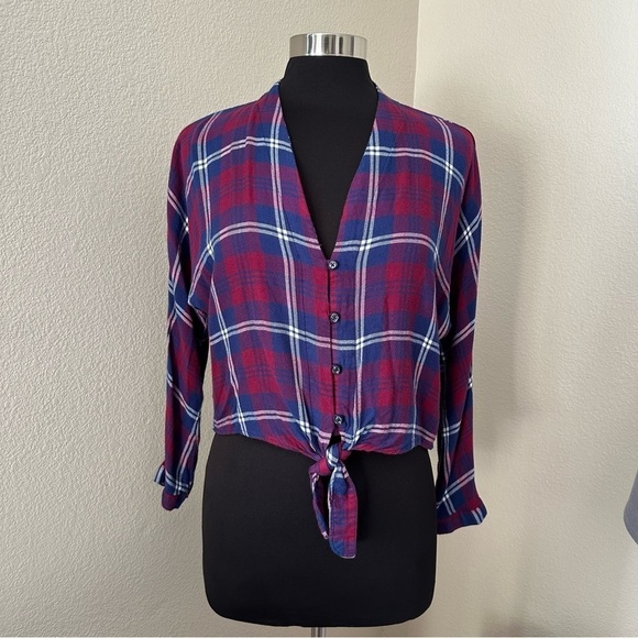 Rails Red Blue Sloane Crop Tie Front Flannel Button-down Shirt Size S/P - Picture 3 of 15